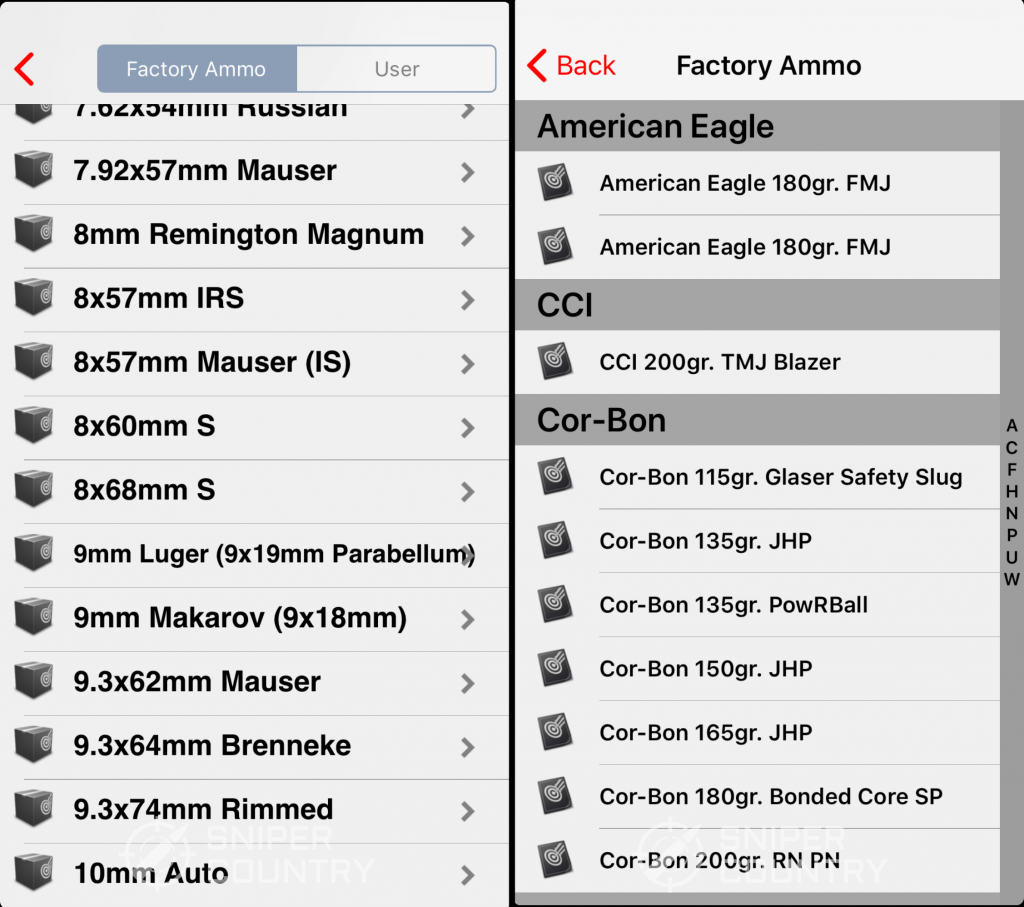 iSnipe Ammo Cartridge and Model List