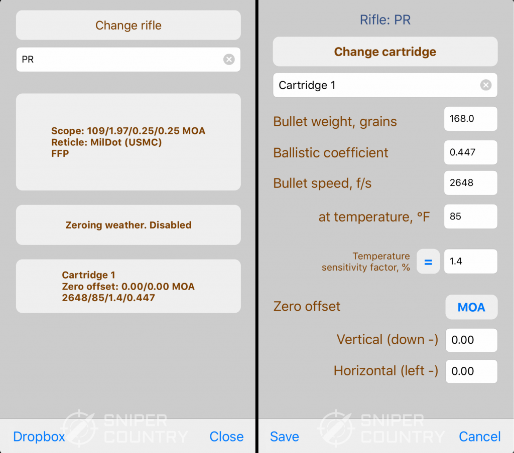 iStrelok Change Rifle and Cartridge