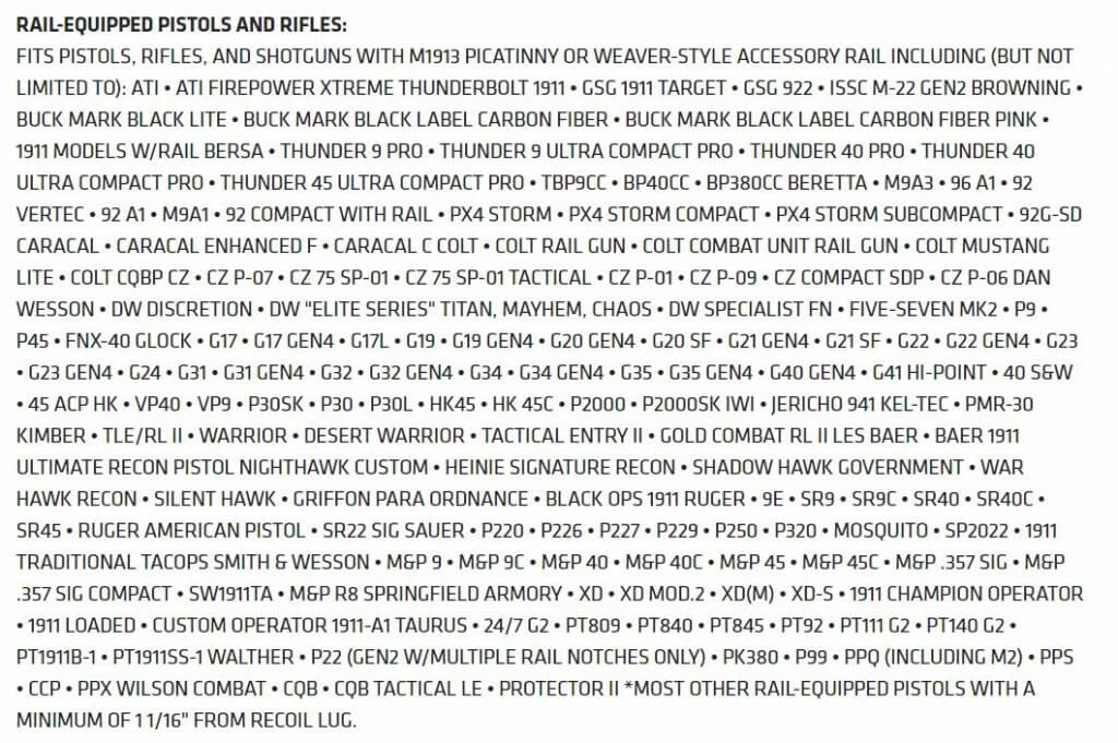 CMR-201 Rail Master Universal Laser Sight fit chart