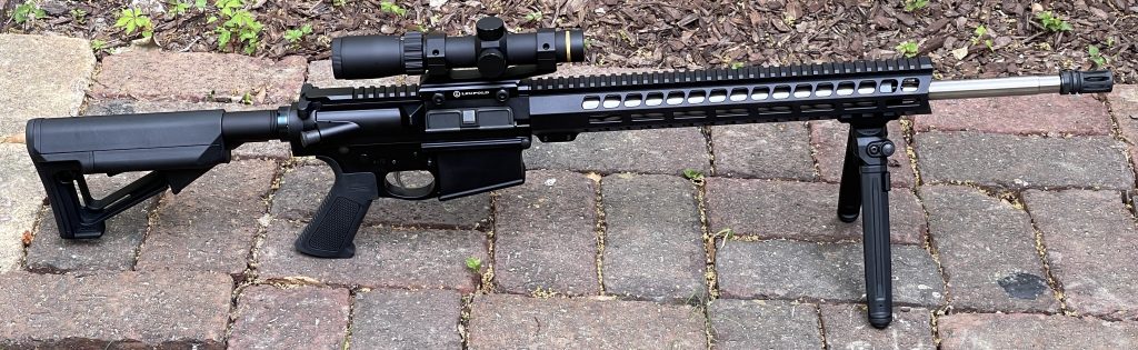 The PSA AR10 cuts an attractive silhouette. It is shown here with a Leupold VX-Freedom 1.5-4x20 scope with an illuminated firedot MOA ring and a Magpul M-LOK Bipod.