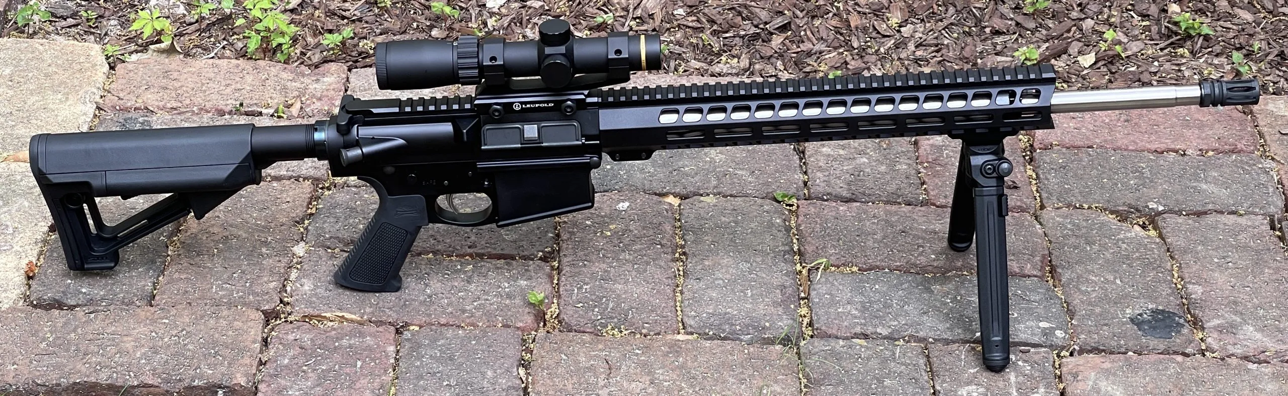 The Palmetto State Armory PA-10 cuts an attractive silhouette. It is shown here with a Leupold VX-Freedom 1.5-4x20 scope with an illuminated firedot MOA ring and a Magpul M-LOK Bipod.