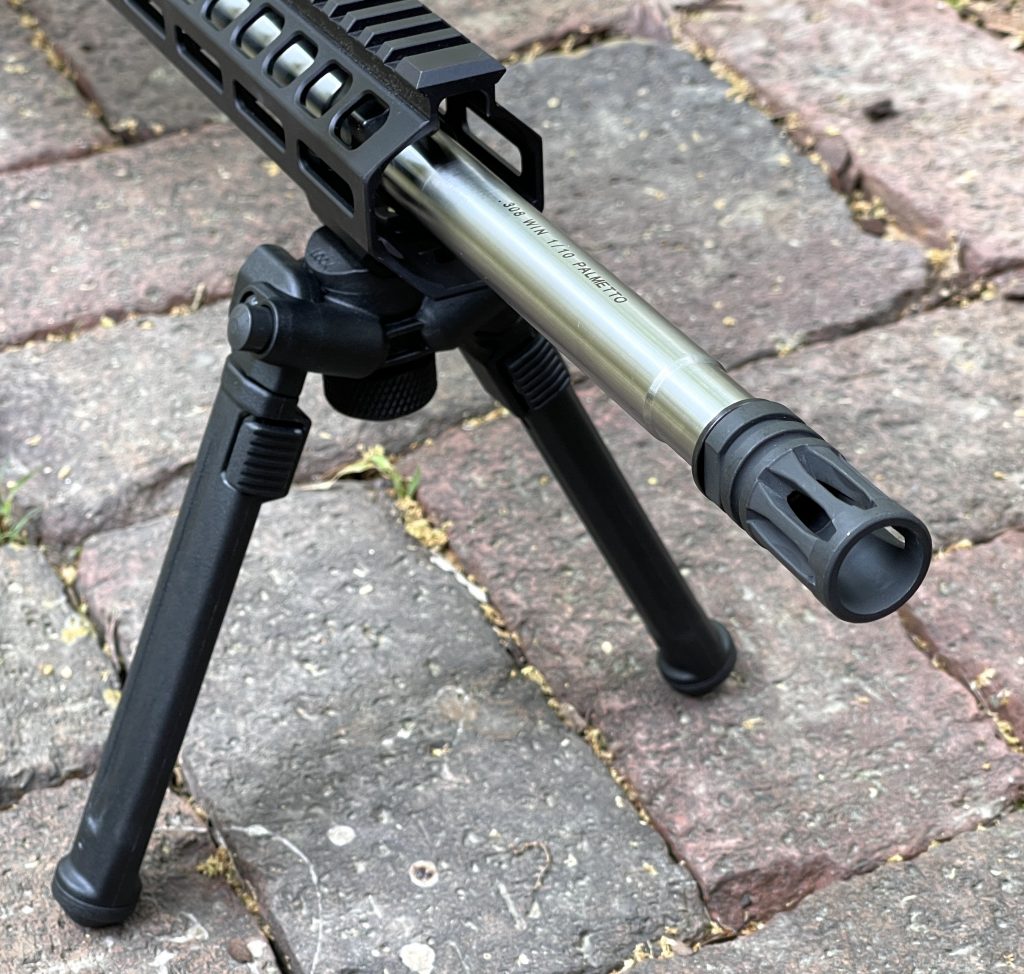 The business end of the PSA AR10. The muzzle brake provides a clean finish to Palmetto State Armoryâ€™s 1/10 twist stainless steel barrel.