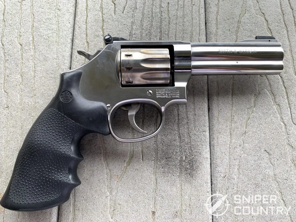 The right side of the Smith & Wesson Model 617. Note the windage adjustment screw for the fully adjustable rear sight.