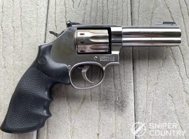 The right side of the Smith & Wesson Model 617. Note the windage adjustment screw for the fully adjustable rear sight.