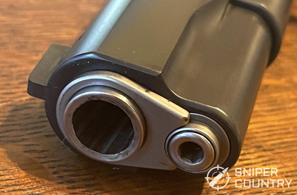 The carefully crowned muzzle of the Ed Brown Classic Custom. Note the allen key hex cut into the two piece recoil rod.