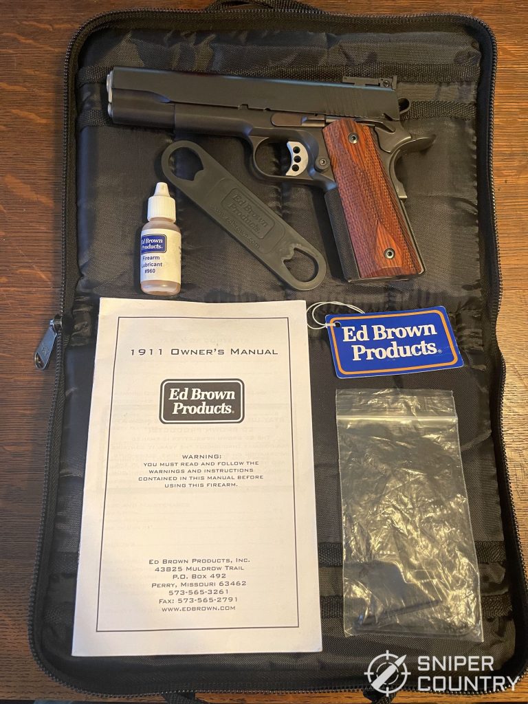 The Ed Brown Classic Custom lives comfortably in a range-ready padded case. The complete kit includes the gun, three magazines, the ownerâ€™s manual, the factory shot target, two allen keys (one for the recoil rod and one for the trigger), oil, and a barrel bushing key.