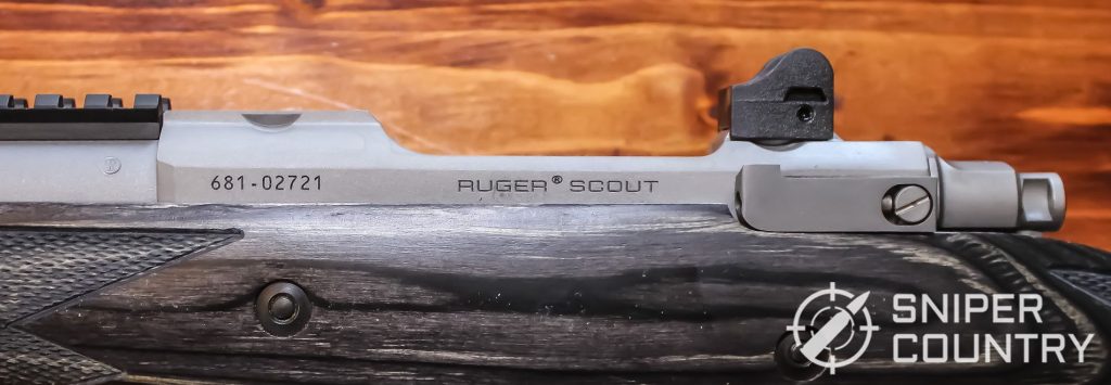 Close up shot of the barrel engraving on the Ruger Scout Rifle