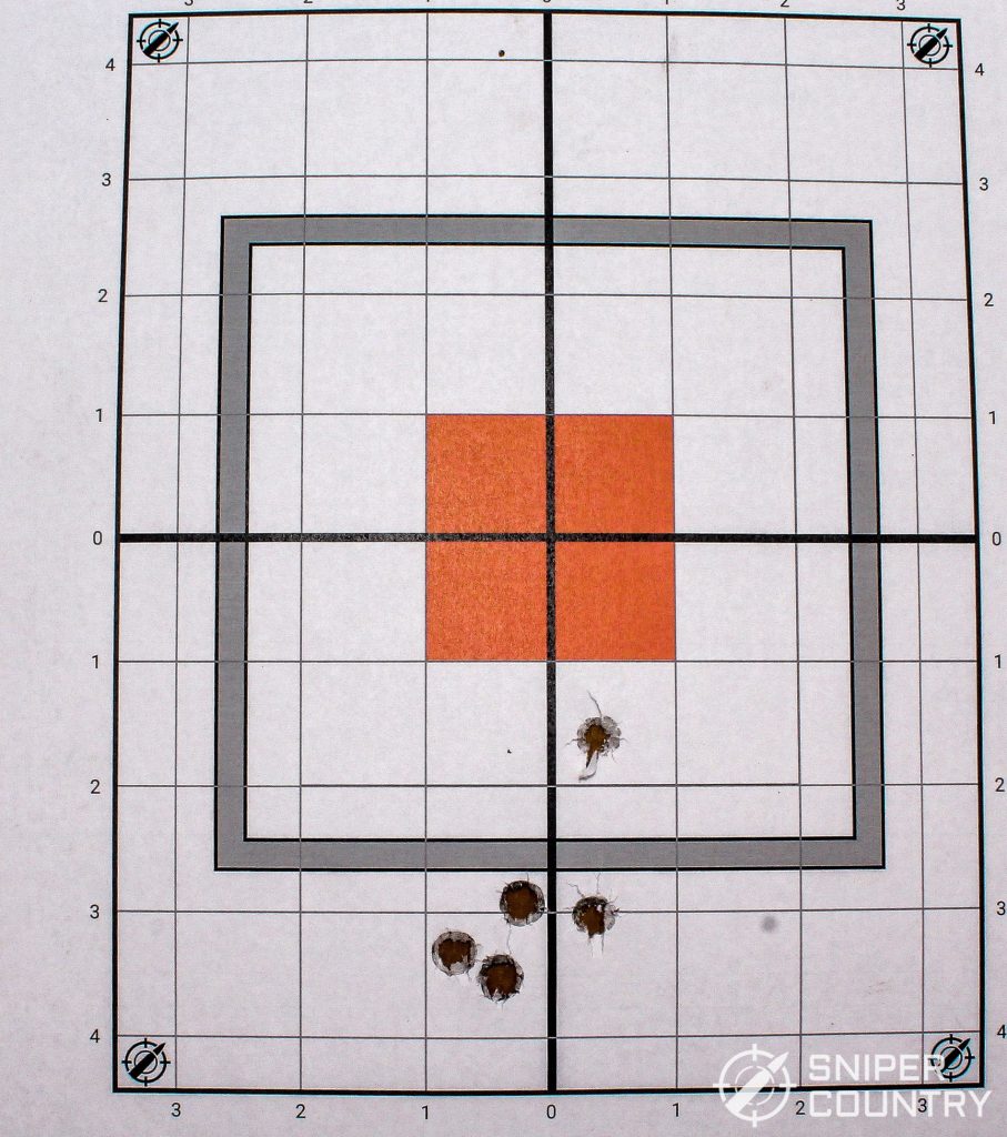 Target shot with a Canik TP9SFX using Fiocchi factory load, 115-grain FMJ Training Dynamics