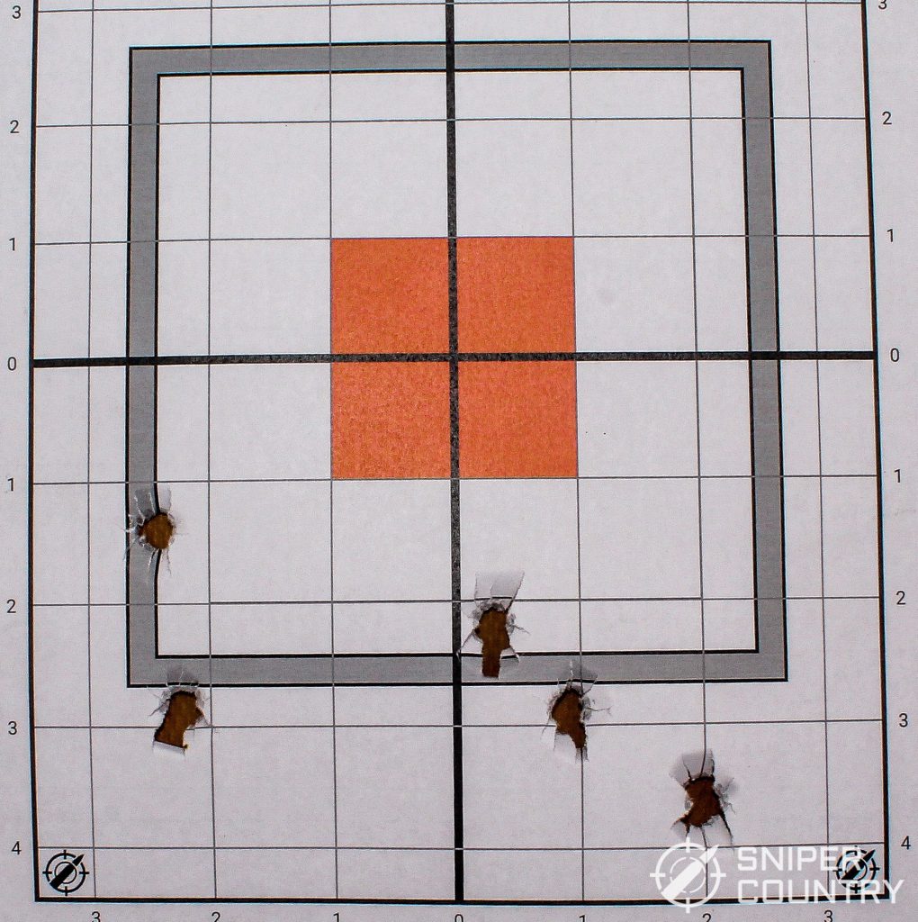 Target shot with a Canik TP9SFX using a Lee 124-grain RN cast, powder-coated bullet over 4.8 grains of Long shot powder