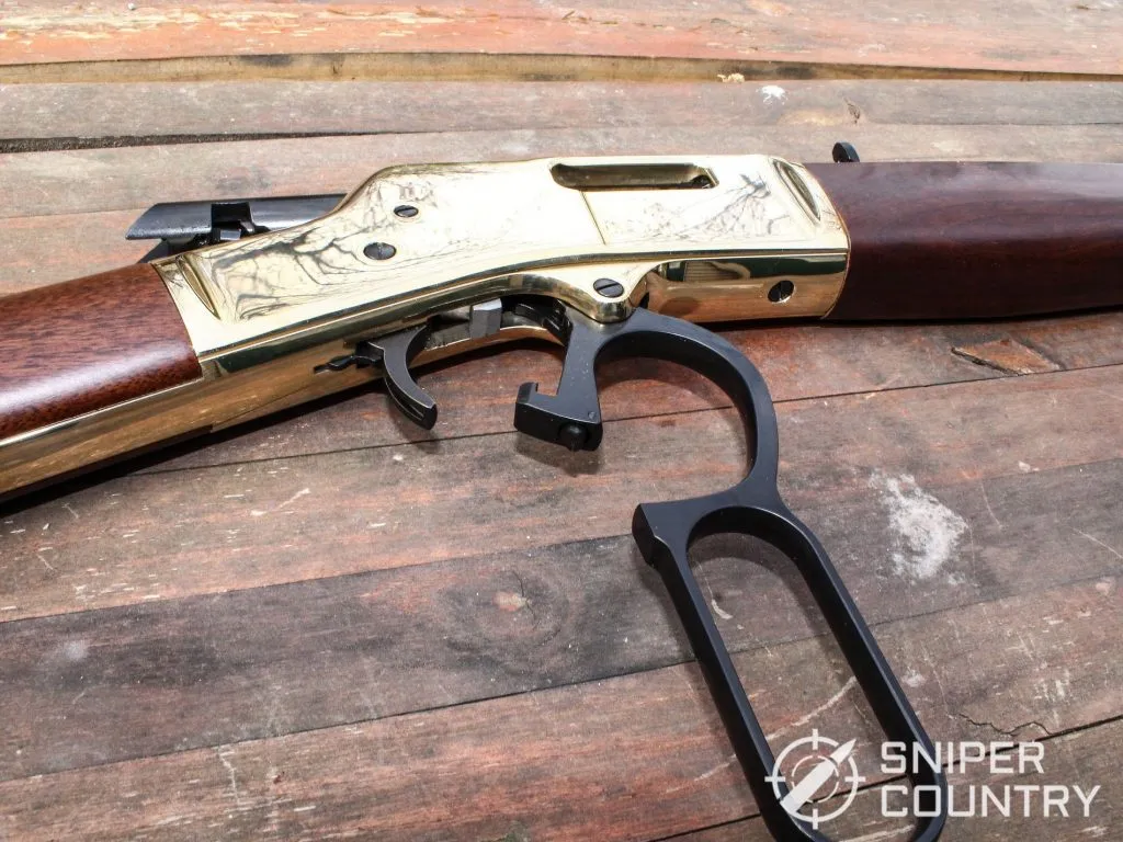 Close up show of the Henry Big Boy .44 Magnum rifle showing its action open
