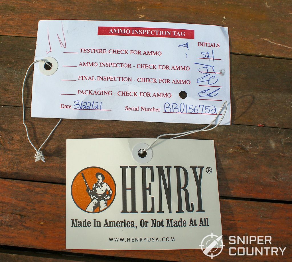 Close up of Henry Big Boy hangtags showing ammo inspections