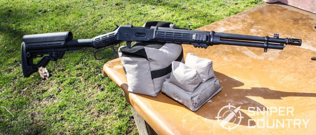 Title shot of the Mossberg 464 SPX on the gun bag