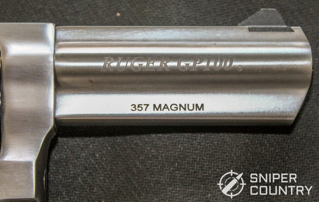 Close up of the barrel engraving on the Ruger GP100.