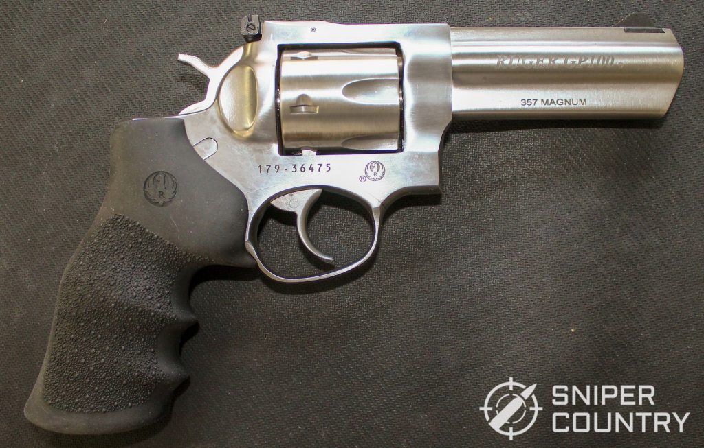 Close up of the Ruger GP100 revolver on the right hand side.