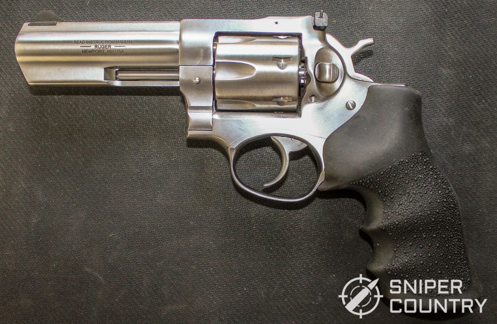 A close up shot of the Ruger GP100 on the left