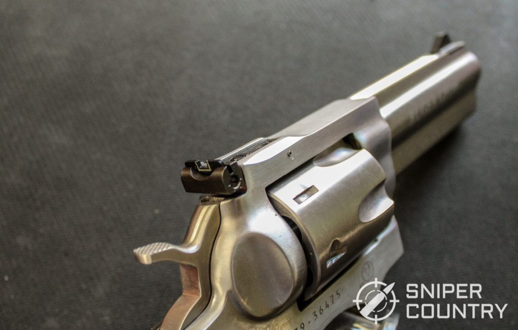 Close up of the rears sight on the Ruger GP100.