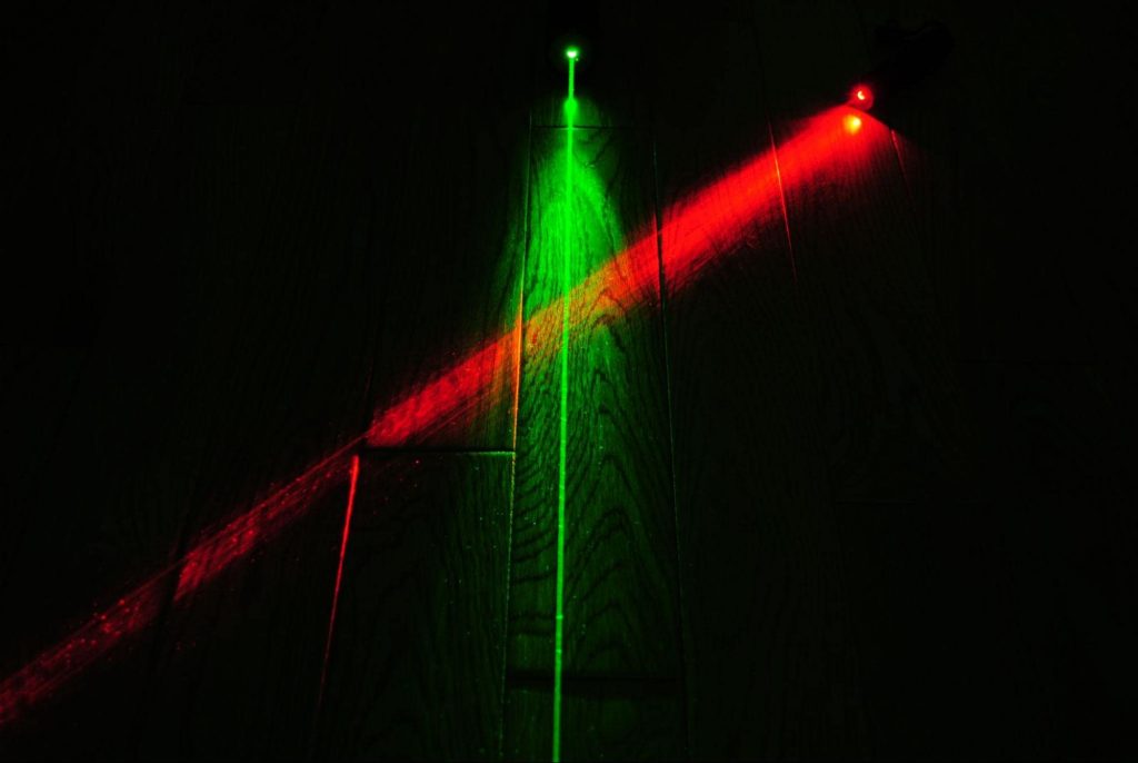 Crossed red and green laser beams
